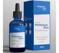 Longevity Box Azul de metileno | Grado farmacéutico USP ultra puro | Solución al 1% | Botella cuentagotas de 60 ml | Líquido nano fotodinámico | 10 mg por ml | Probado y certificado por terceros