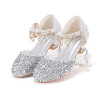 Longitudinalhorse Zapatos de vestir de princesa, tacones de Cenicienta para niñas pequeñas, Plateado, 1 Big Kid