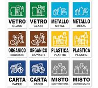 Longivia 12 pegatinas de recogida selectiva grandes XL - Formato 21 cm x 15 cm - Etiquetas para contenedores de residuos en italiano e inglés - Adhesivo para reciclaje lavable antiarañazos resistente