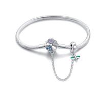 LONGLUCK Pulsera de plata de ley 925 con cadena de serpiente, libélula y trébol con circonita cúbica 5A, regalo para mujeres, 6,7in/17cm, Plata de ley Circonio