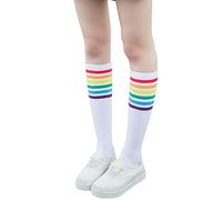 Longra® 1 par Muslo Alta Calcetines por Encima de la Rodilla diseño a Rayas niñas fútbol Calcetines de Deporte, Mujer, Blanco, Talla única