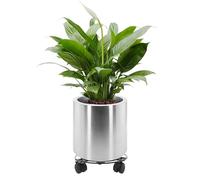 LONGRUNNEW Maceta redonda de acero inoxidable con borde de 25 cm de ancho y ruedas, superficie resistente a las huellas dactilares, fácil de limpiar, para uso en interiores y exteriores