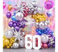 Longwu Kit de arco de guirnalda de globos metálicos de 141 piezas, decoraciones de fiesta de discoteca con globos de bola de discoteca cromados, azules, rojos, morados, plateados, para decoraciones de
