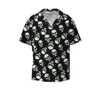 Longzehao Camisa de manga corta con botones y estampado de calavera negra para hombre, camisa de verano hawaiana informal para vacaciones y playa, NEGRO, 3XL