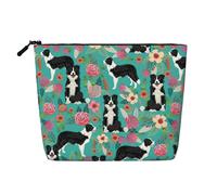 Longzehao Gran capacidad Border Collie Florals imprimir cáñamo falso, bolsa de maquillaje, bolsa de viaje, bolsa de aseo con cremallera., Negro, talla única, Negro 1, One size