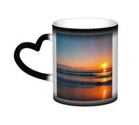 Longzehao Hermosa taza de cerámica con estampado de amanecer y océano que cambia de color en el cielo, tazas que cambian de calor, taza de café, taza de té.