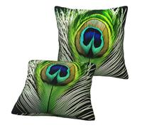 Longzehao Juego de 2 fundas de cojín cuadradas con estampado de plumas de pavo real verde para sofá, cama, coche.
