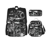 LONGZEHAO Mochila versátil ajustable de gran capacidad, colección de cámaras retro con impresión de 3 piezas, lonchera y estuche para lápices