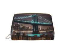 Longzehao New York Manhattan Bridge Night Print - Bolsa de maquillaje de piel con cremallera para cosméticos, organizador de viaje, color blanco, talla única, Blanco, One Size