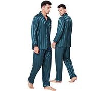 Lonxu Conjunto de Pijama de satén de Seda para Hombre, Ropa de Descanso de Manga Larga, Ropa de Dormir de Dos Piezas, Conjunto de Pijama Abotonado, S-XXXXL, Verde (Green Striped), Large