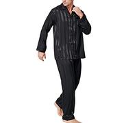 Lonxu Conjunto de Pijama para Hombre de satén de Seda de Manga Larga, Ropa de Dormir de Dos Piezas con Botones de Pijama S-XXXXL - Negro - Large