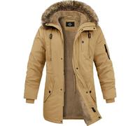 Lonya Abrigo Hombre Invierno Chaquetas de Algodón Forro Polar Cálido Parka Gruesa Cuello De Piel Desmontable Exteriores Prueba de Viento Cazadora con Capucha Integrada Bolsillos Múltiples, Caqui, L