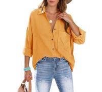 Lonya Blusa de Mujer Informal con Cuello en V, Camiseta Manga Larga con Botones, Casual Corte Suelto 100% Algodón Camisa, Elegante Color Liso, con Bolsillo, Amarillo Jengibre, L