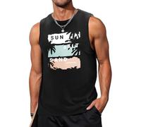 Lonya Camiseta De Tirantes Hombre Algodón Verano Camisetas Sin Manga Casual Deportivo Estampado de Hojas de Coco Alfabético Playas Fitness Masculina Gym Tank Top, Negro, M
