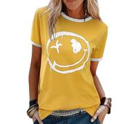 Lonya Camisetas Manga Corta Mujer Verano Elegante Camisas Cuello Redondo Smile Face Estampado Casual Basicas T-Shirt Tops Amarillo,S