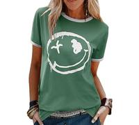 Lonya Camisetas Manga Corta Mujer Verano Elegante Camisas Cuello Redondo Smile Face Estampado Casual Basicas T-Shirt Tops Verde,XL
