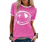 Lonya Camisetas Manga Corta Mujer Verano Elegante Camisas Cuello Redondo Smile Face Estampado Casual Basicas T-Shirt Tops Rosa Rojo,L
