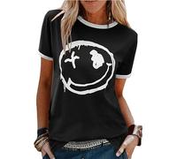 Lonya Camisetas Manga Corta Mujer Verano Elegante Camisas Cuello Redondo Smile Face Estampado Casual Basicas T-Shirt Tops Negro,XL