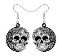 LONYOO Acrylic Sugar Skull Earrings para Mujeres Niñas Flores de Halloween Pendientes Día de los Muertos Joyería Spooky Cráneo Regalos para Halloween Disfraces Fiesta Accesorios (Gris)