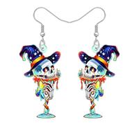 LONYOO Halloween Sombrero de Bruja Cráneo Pendientes con Vino Glassess acrílico colgante Día de los Muertos Joyería Spooky Cráneo Regalos para Mujeres Niñas Disfraces Fiesta Decoración (Azul)