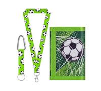 LONZIKP Cartera Niño Fútbol, Monedero Infantil Kit 3 en 1 con Llavero y Cordón para Cuello, Antiperdida, Ideal Regalo para Niños y Adolescentes.