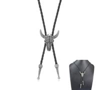 LONZIKP Corbata Bolo de Cuero Halloween Corbata Cowboy Cráneo de Vaca Estilo Western Collar Lariat Rodeo para Hombres y Mujeres (Plata)