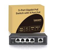 Loocam Switch PoE Gigabit de 5 Puertos, 4 Puertos PoE+ con 1 Puertos Gigabit Uplink, Switch Ethernet No Gestionado de 1000 Mbps, 65W IEEE802.3af/at, Carcasa Metálica, Plug & Play