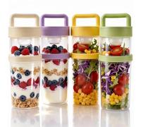 LOODKYOO Vaso mezclador de ensalada, tazas de desayuno sobre la marcha, recipiente de preparación de comidas a prueba de fugas de 2 niveles con cuchara plegable, almacenamiento portátil de alimentos