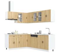 LoogCape Juego de 11 muebles de cocina Porto en roble Sonoma de madera y cristal, con armario colgante, armario inferior, módulo de esquina, fácil de limpiar, para almacenamiento y distribución