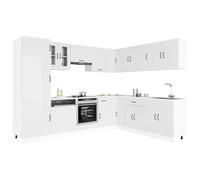 LoogCape Juego de 14 muebles de cocina Kalmar blanco brillante de madera con cristal, armario bajo, armario colgante, armario alto y módulo de esquina para espacio de almacenamiento en cocina, comedor