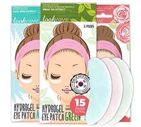 LOOKATME Máscara de ojos e hinchazón (15 pares) de té verde coreano para el cuidado de la piel, parche de hidrogel de aloe vera e hidrogel de rosa/almohadillas debajo de los ojos, removedor de ojeras