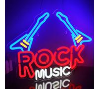 Looklight Rock Music Letrero de neón musical azul rojo LED neón Rock Music regulable letrero de neón en forma de guitarra luces de neón para dormitorio, habitación infantil, estudio musical, bar, club