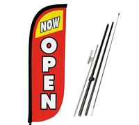 LookOurWay Kit de asta de Bandera de Plumas, Bandera publicitaria de 5 pies de Alto con Juego de Poste de Fibra de Vidrio y estaca de Tierra para promoción de Negocios, Banderas Abiertas, Ahora