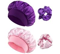 Loomify Gorro de Seda para Dormir, Gorros Saten Pelo Rizado, 2 Piezas Bonnet de Satén con 2 Coleteros para Mujeres y Niñas (Rosa,Púrpura)