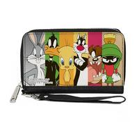 Looney Tunes - Cartera con cremallera alrededor, bloques de personajes clásicos de Looney Tunes, multicolor, cuero vegano, 7.5 x 4.5 pulgadas, casual