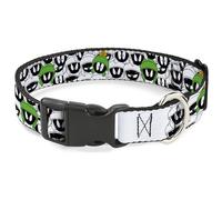 Looney Tunes Collar para mascotas, collar de perro, hebilla de plástico, Marvin The Martian Faces apilado, blanco y negro, a todo color, 16 a 23 pulgadas, 1.5 pulgadas de ancho