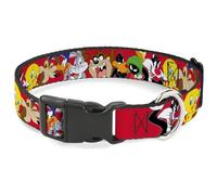 Looney Tunes - Collar para Mascotas, Collar de Perro, Hebilla de plástico, Ocho Caras de Personajes de Looney Tunes, Rojo, 13 a 17 Pulgadas, 1.5 Pulgadas de Ancho
