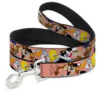 Looney Tunes - Correa para Mascotas, Correa para Perro, Looney Tunes Seven Character Poses apilada, melocotón apilado, 4 pies de Largo 0.5 Pulgadas de Ancho