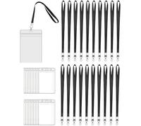 Loopunk Paquete de 20 etiquetas verticales de plástico transparente impermeables para tarjetas de identificación y 20 cordones de cuello plano para etiquetas de identificación de oficina (cordones