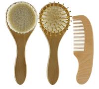 LOORGVEL Juego de Cepillo de Lana Natural para Ñiño Recién Nacido y Peine de Madera Suave, 3 Piezas Estuche, Cuidado Delicado del Cuero Cabelludo para Pequeños, Higiene y Masaje Diario