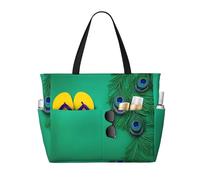 lootpe Bolsas de playa de verano con estampado de plumas de pavo real verde para mujer, bolsa de playa grande plegable para viaje, bolsas diarias para gimnasio