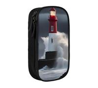 Lootpe Estuche con estampado de faro en tormenta, bolsa de almacenamiento, caja de lápices de gran capacidad, bolsa portátil para bolígrafos de oficina con cremallera