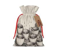 Lootpe Teteras y tazas dibujadas a mano con impresión de bolsas grandes de regalo de Navidad, bolsas reutilizables para regalos, bolsas de regalo de arpillera con cordones