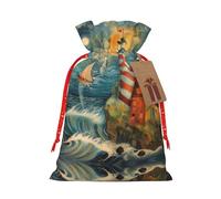Lootpe The Seaside Lighthouse - Bolsas grandes de regalo de Navidad, bolsas reutilizables para regalos, bolsas de regalo de arpillera con cordones