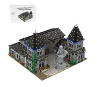 LootPop Juego de bloques de construcción modulares de pueblo medieval, MOC-203285 Escuela de Pueblo Medieval, modelo no construido, con flores y plantas, con una estatua gigante en la entrada