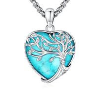 LOOVE Collar de árbol de la vida para mujer, plata de ley, luna creciente, piedra turquesa, colgante de corazón, árbol genealógico, collar para mamá, hija, hermana, niñas, regalos de plata de ley