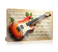 LOP Decor For Man Cave Music Notes Harmony: guitarra eléctrica sobre fondo de partitura, letrero de estaño para habitación de niños, decoración de metal para cueva de hombre (20 x 30 cm)