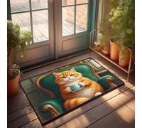 LOP Decoración de cerveza para cueva de hombre, diseño de gato naranja que disfruta del té en una elegante silla, felpudo para puerta delantera (50 x 80 cm)