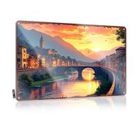 LOP Divertidos letreros de cocina con puesta de sol sobre el puente: un paisaje de río sereno con montañas en la estaño, letreros divertidos para la calle (20 x 30 cm)