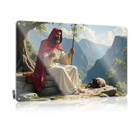 LOP Divertidos letreros de metal con texto en inglés "Jesús descansando junto a un árbol con ovejas en un paisaje montañoso", letrero de lata para el hogar, bar, divertido (20 x 30 cm)